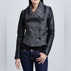 BCBGMAXAZRIA Boucle Jacket w Real Quilted Leather Sleeves & Funnel Collar